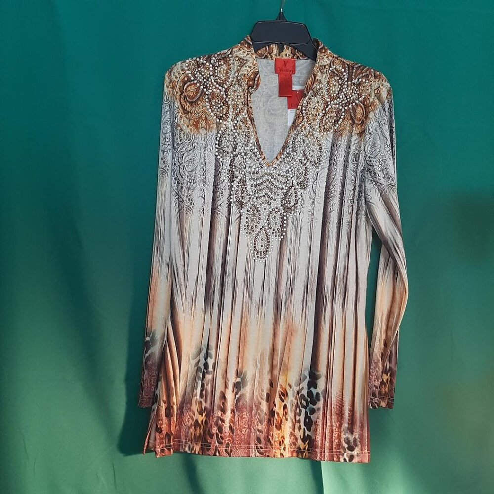 NEW ! V Cristina Glamorous Top Front Sparkling Beads At V Neck MultiColor Size M